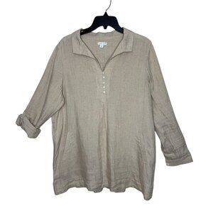 J. Jill Love Linen Beige Neutral Oversized Tunic Top Pockets Roll Tab  Size L